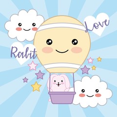 kawaii rabbit love air balloon clouds stars decoration vector illustration