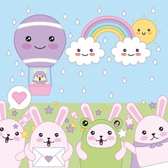 kawaii rabbits friendly mouse in hot air balloon sky cartoon vector illustration