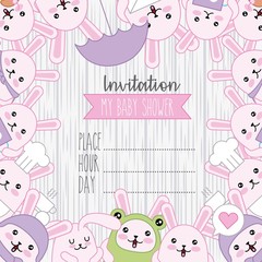 invitation baby shower kawaii cute animals vector illustration