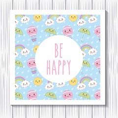 be happy card rainbow cloud air balloon kawaii cartoon vector illustration