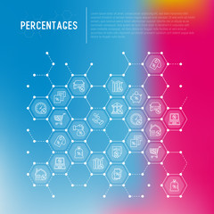 Percentages concept in honeycombs with thin line icon: loan, credit, offer, interest rate, sale, discount, percentage graph of growth or fall, leasing, on screen of laptop. Modern vector illustration.