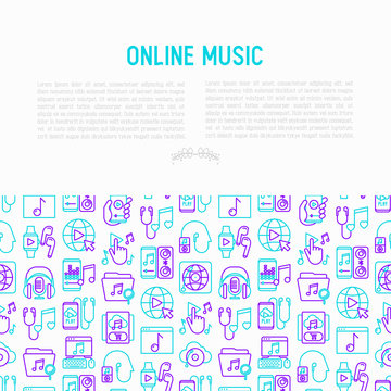 Online music concept with thin line icons: smartphone with mobile app, headphones, earphones, equalizer, speaker, smart watch, microphones, subscription. Vector illustration, print media template.