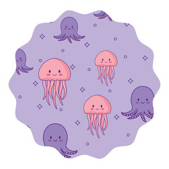 decorative frame with cute jellyfish and octopus pattern over white background, vector illustration