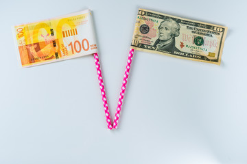 Creative image Israel and American flags from dollar and shekel banknotes. USA – Israel Economic...