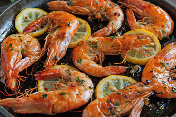 fried roasted shrimps in frying pan with lemon greens parsley garlic