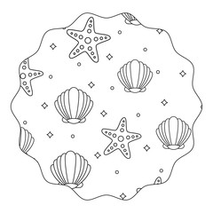 circular frame with seashells and sea stars pattern over white background, vector illustration