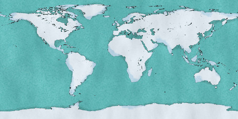 Cartina mondo, disegnata illustrata pennellate, cartina geografica, fisica, oceani e acqua