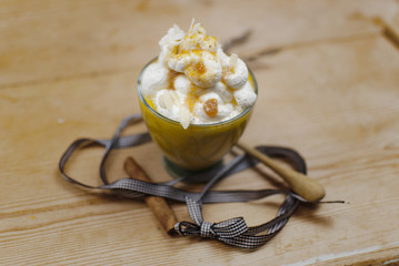 Pumpkin cappuccino; creamy pumpkin or pumpkin soup with whipped cream, jam, almond flakes and spices.