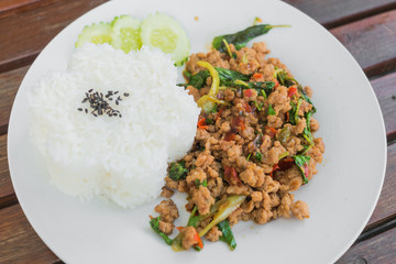 Stir-fried pork with basil leaves,Thai food.