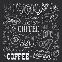 Big coffee set,hand drawn design on blackboard