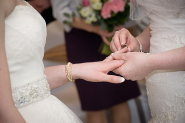 Wedding beautiful lesbian couple in love getting married concept of marriage equality