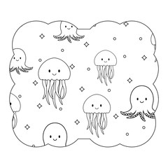 decorative frame with cute jellyfish and octopus pattern over white background, vector illustration