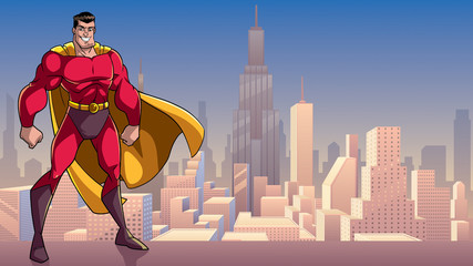 Smiling superhero standing tall on city background with copy space. © Malchev