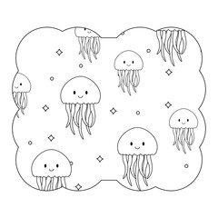 decorative frame with cute jellyfish pattern over white background, vector illustration