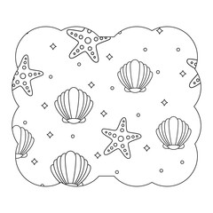 decorative frame with seashells and sea stars pattern over white background, vector illustration