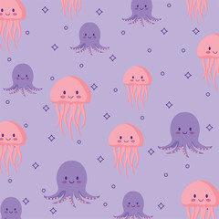 background of cute jellyfish and octopus pattern over white background, vector illustration
