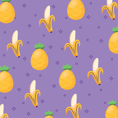 background of bananas and pineapples pattern, colorful design.  vector illustration