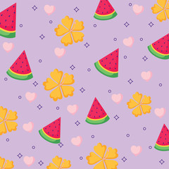 backgrond of tropical flowers and watermelon pattern, vector illustration