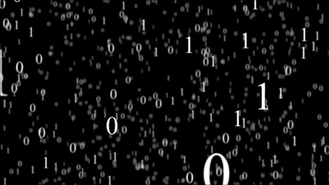 Binary code in cyberspace. White zero and a one on a black background. Animated matrix.