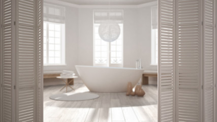 White folding door opening on modern scandinavian bathroom with bathtub, white interior design, architect designer concept, blur background