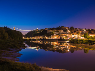 Clifton Bridge, Bristol (UK) at Dusk, Reflection in River, Long Exposure