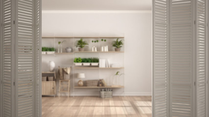 White folding door opening on modern empty space with bookshelf, white interior design, architect designer concept, blur background