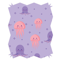 abstract frame with cute jellyfish and octopus pattern over white background, colorful design. vector illustration