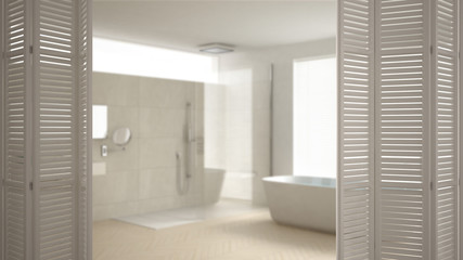 White folding door opening on modern minimalist bathroom, white interior design, architect designer concept, blur background