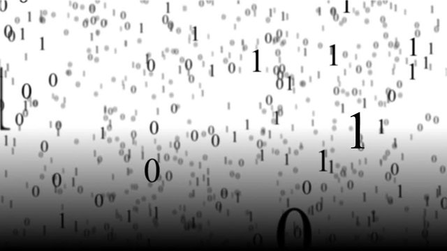 Binary code in cyberspace. Black zero and a one on a white background with a gradient. Animated matrix.