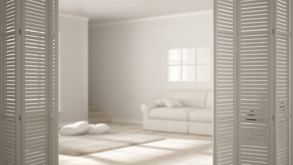 Fototapeta na wymiar White folding door opening on modern scandinavian living room with sofa, white interior design, architect designer concept, blur background