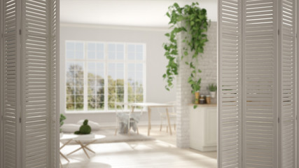 White folding door opening on modern scandinavian living room and kitchen with big panoramic window, white interior design, architect designer concept, blur background