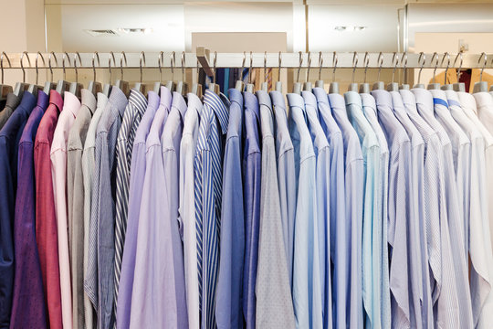A Lot Of Shirts On A Hanger. Business Clothes For Men.