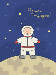 Vector cartoon illustration card or poster with cosmonaut boy aon the moon in space
