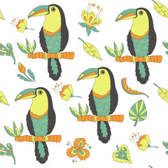 Seamless tropical pattern with toucan, leaves and flowers, vector, textile design