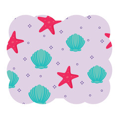 decorative frame with seashells and sea stars pattern over white background, vector illustration