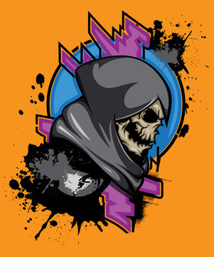 "Grim reaper" poster. Vector hand crafted grim reaper mascot with paint splash and abstract elements. Good for logos, labels, posters, t-shirt design.