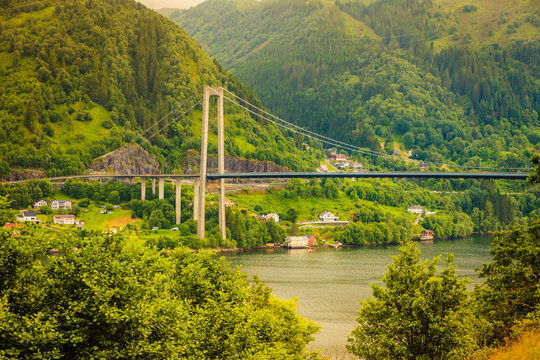 Osteroy suspension bridge in Norway, only road connection island with the mainland east area of Bergen