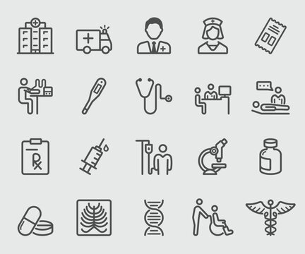 Line icons set for Medical care, Hospital, Health, Sick