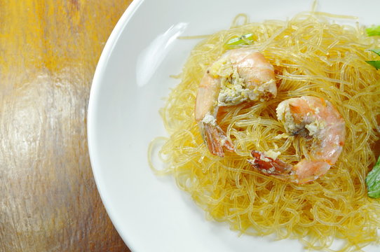 shrimp steamed with glass noodle on dish