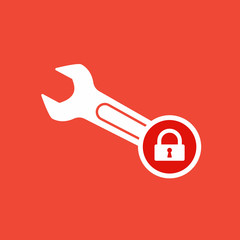 Spanner icon with padlock sign. Spanner icon and security, protection, privacy symbol