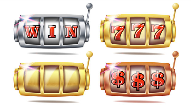 Slot Machine Set Vector. 777. Big Win Banner Element. Golden, Silver, Bronze. Spin Machine Template. Fortune Jackpot Casino Illustration