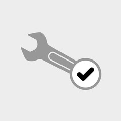 Spanner icon with check sign. Spanner icon and approved, confirm, done, tick, completed symbol