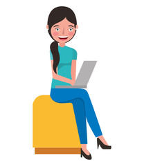young woman in chair with laptop computer avatar character vector illustration design
