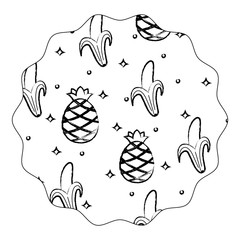circular frame with bananas and pineapples pattern over white background, vector illustration