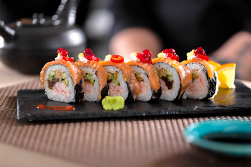 sushi rolls set in Japanese restaurant