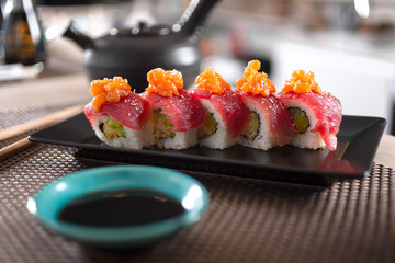 sushi rolls set in Japanese restaurant