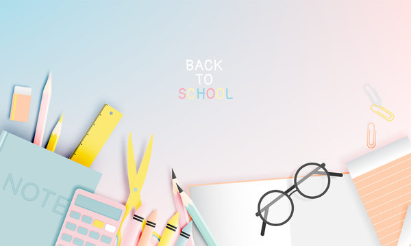 Various Stationery For Back To School In Paper Art Style With Pastel Color