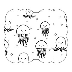 decorative frame with cute jellyfish pattern over white background, vector illustration