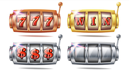 Slot Machine Set Vector. 777. Bingo Background Design. Spin Wheel. Fortune Jackpot. Golden, Silver, Bronze. Casino Illustration