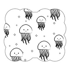 decorative frame with cute jellyfish pattern over white background, vector illustration
